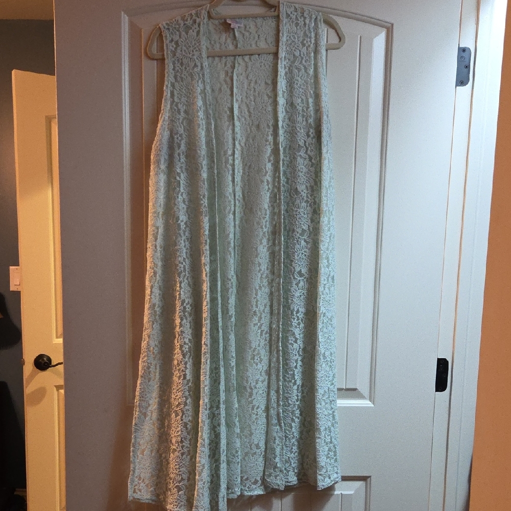 LuLaRoe Lace Sleeveless Cardigan in Light Blue